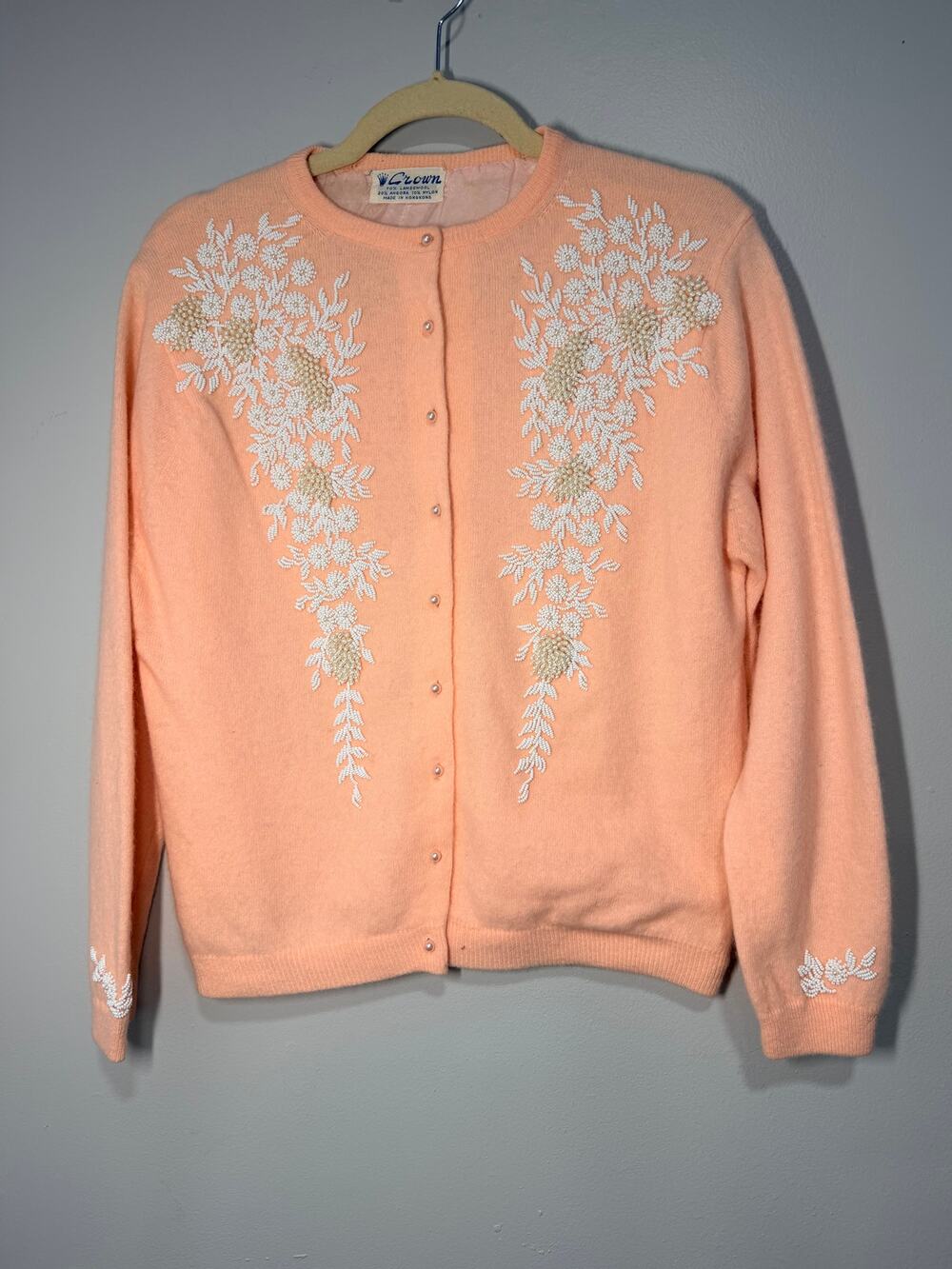 Vtg 50s Crown Rose Originals Beaded Cardigan Sweater Baby Pink Angora Lambswool